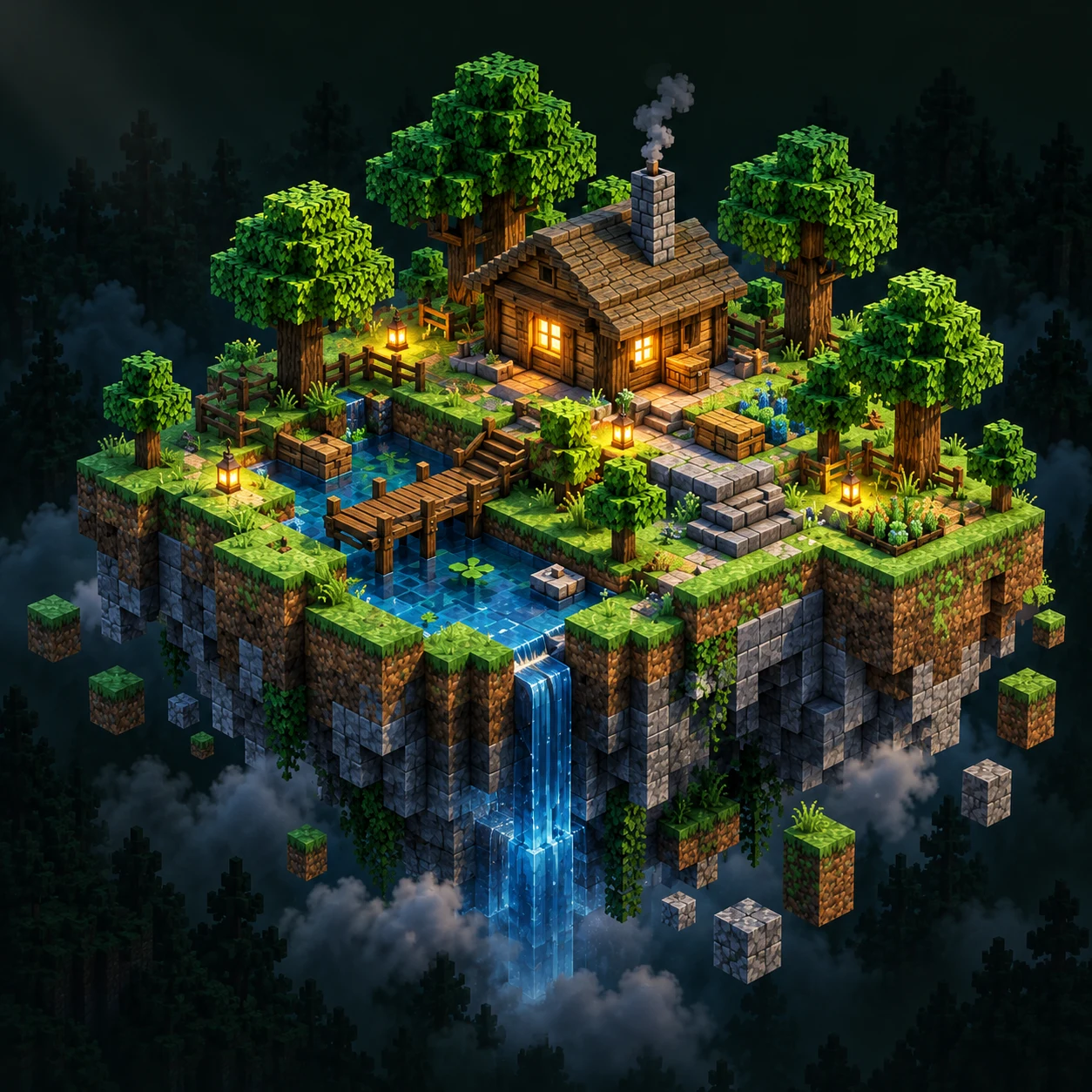 Una isla flotante de bloques con una cabaña iluminada, árboles y un pequeño río.